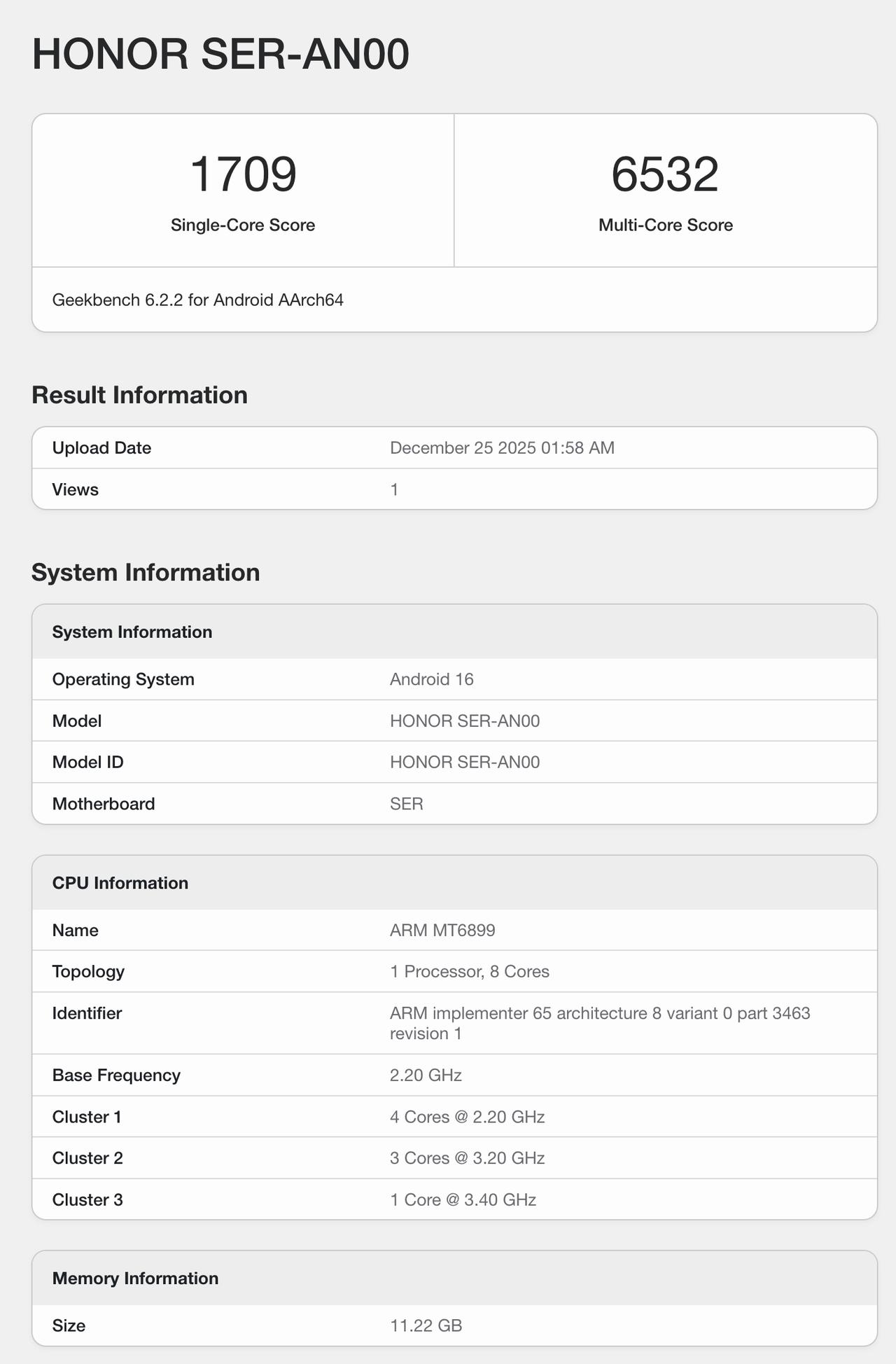 荣耀 Power2 的 Geekbench 6 跑分出来了，型号 SER-AN0
