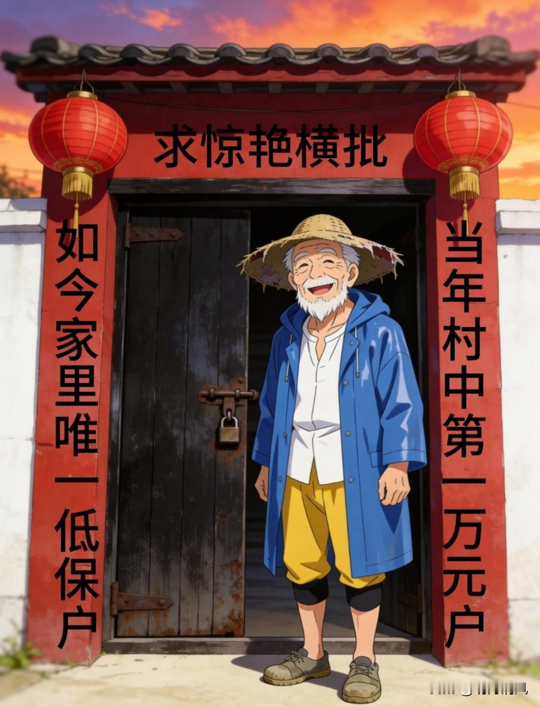 缺一个惊艳横批，高手请
上联:当年村中第一万元户
下联:如今家里唯一低保户
横批