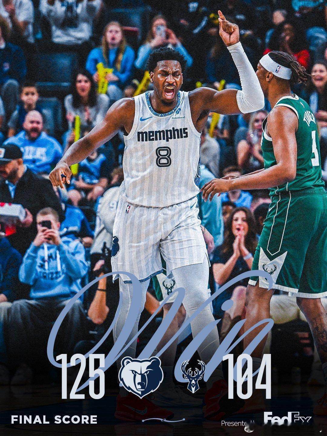 灰熊紧追不舍，125-104大胜雄鹿，取2连胜。与勇士相差1个胜场