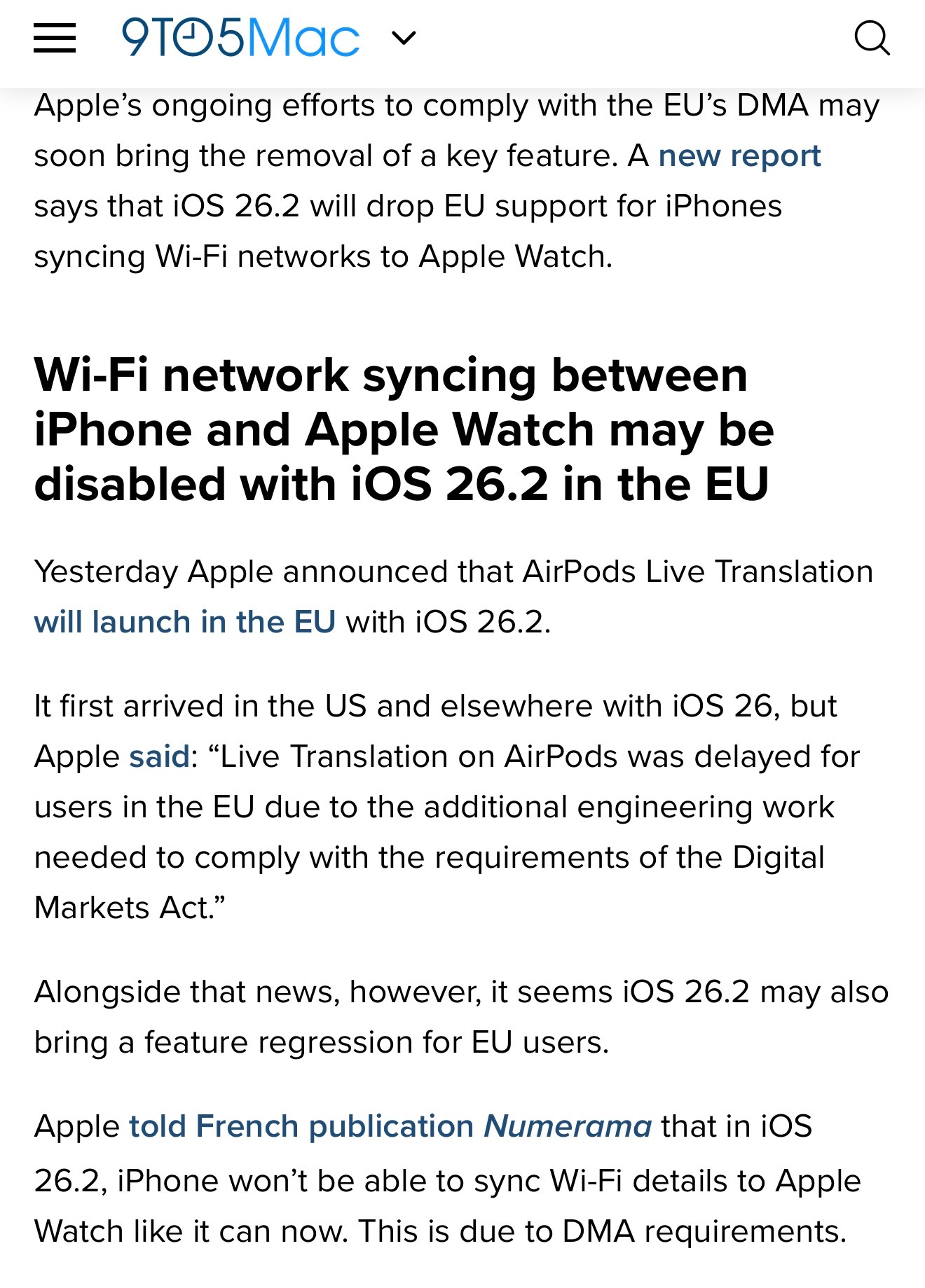 苹果在欧洲把iPhone和手表的WiFi同步功能给禁用了，楼下评论区的大哥们为欧