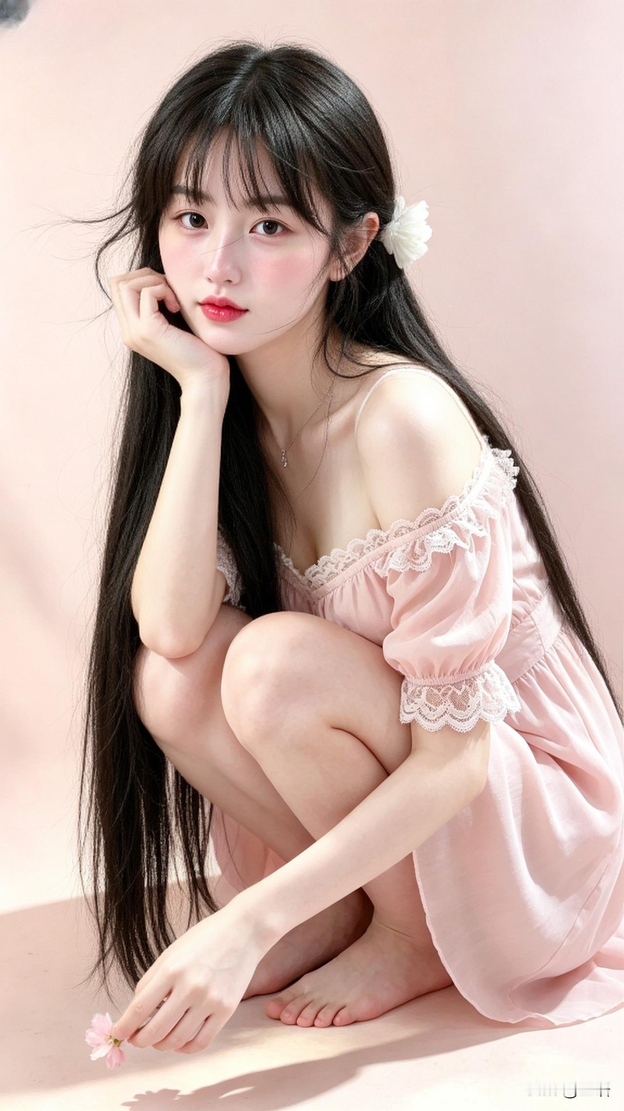 仙子
云想衣裳花想容，春风拂槛露华浓。
粉衣美人倚，花影入梦来。