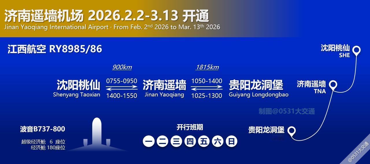 2026年2月2日至3月13日期间，江西航空原RY8923/24沈阳桃仙-济南遥