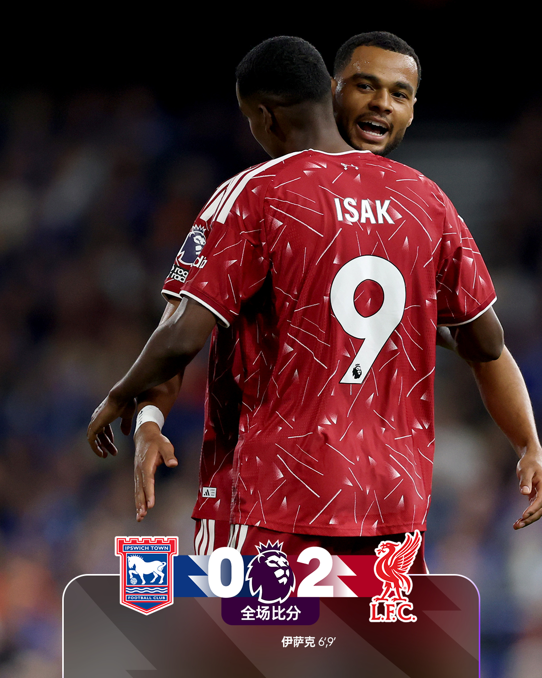 全场比分 | 伊普斯维奇 0-2 利物浦⚽第6分钟，加克波斜塞送禁区，伊萨克小角