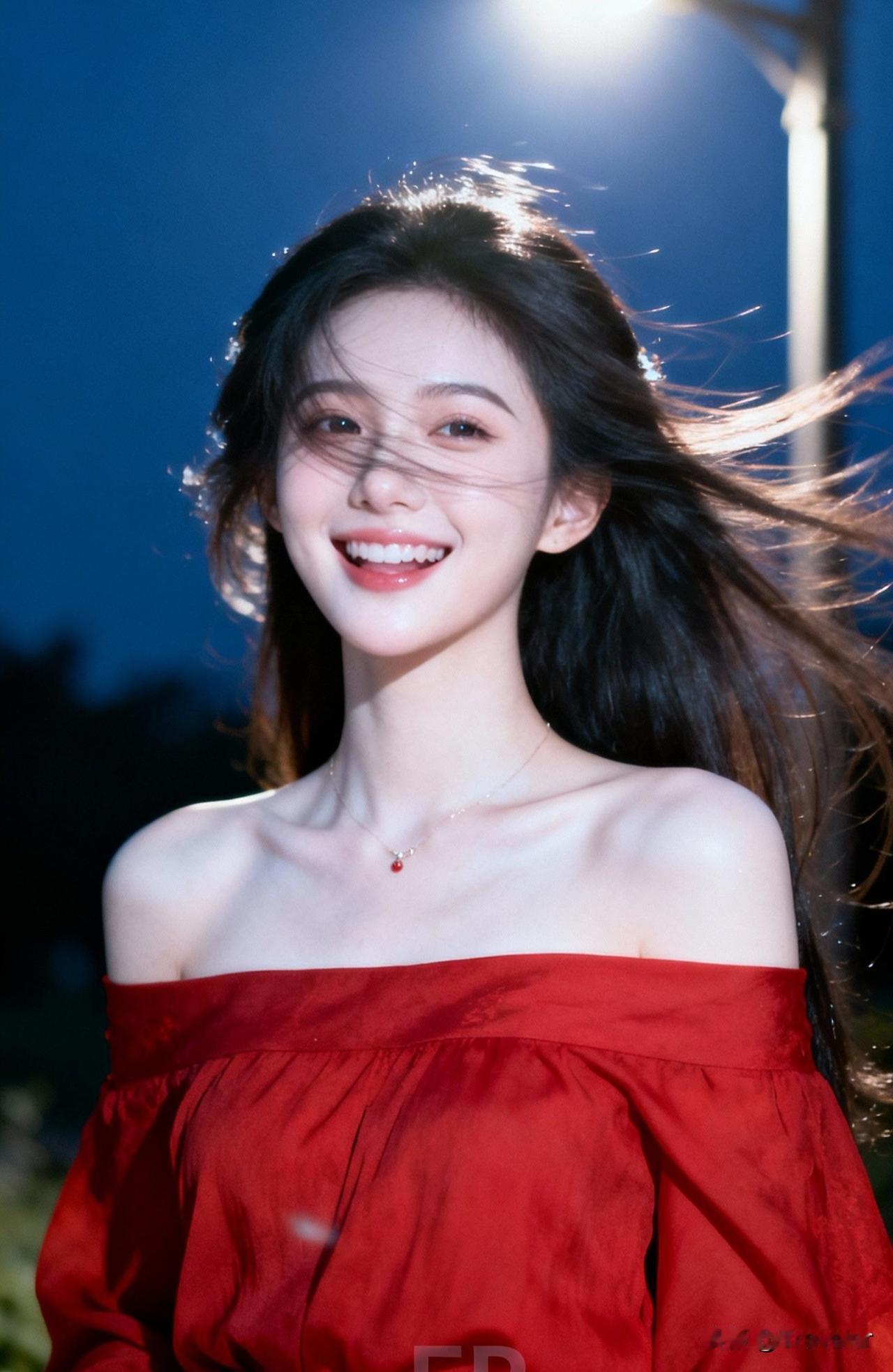 夜晚的街灯下，微笑的女孩，红裙飘逸，美如画卷。