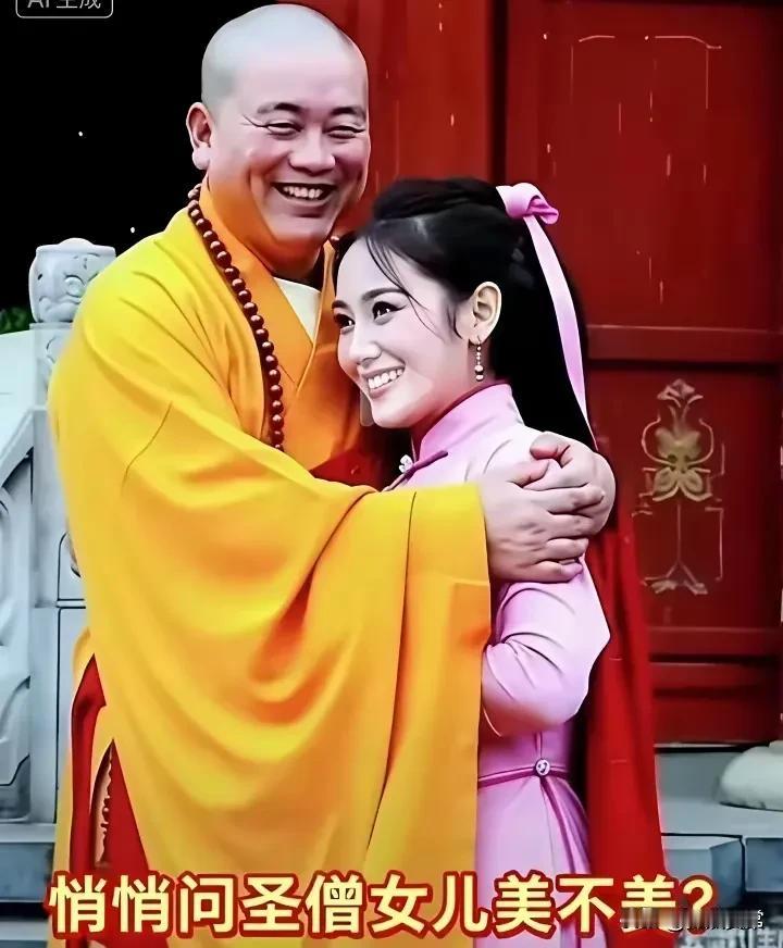 身穿袈裟 和尚，肥头大耳，搂着一个美女。笑口颜开，不知道这个和尚，是真和尚？还是