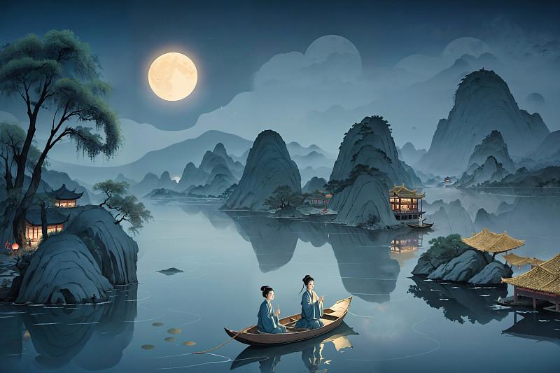 是浪漫的秋月，古诗句：“明月几时有”；“春花秋月何时了”；“明月松间照”；“月落