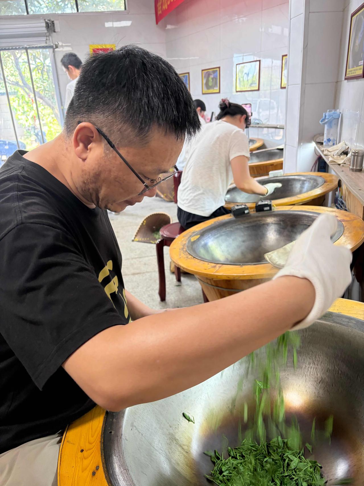 今天杭州气温38℃，继续练习手工炒龙井茶[呲牙]杀了10把青，越来越有感觉，辉锅