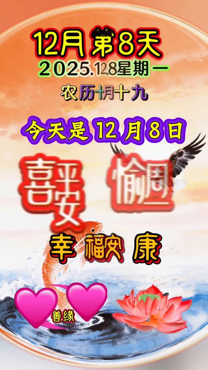 12月第8天，2025.12.8星期一，农历十月十九。
今天是12月8日，星期一
