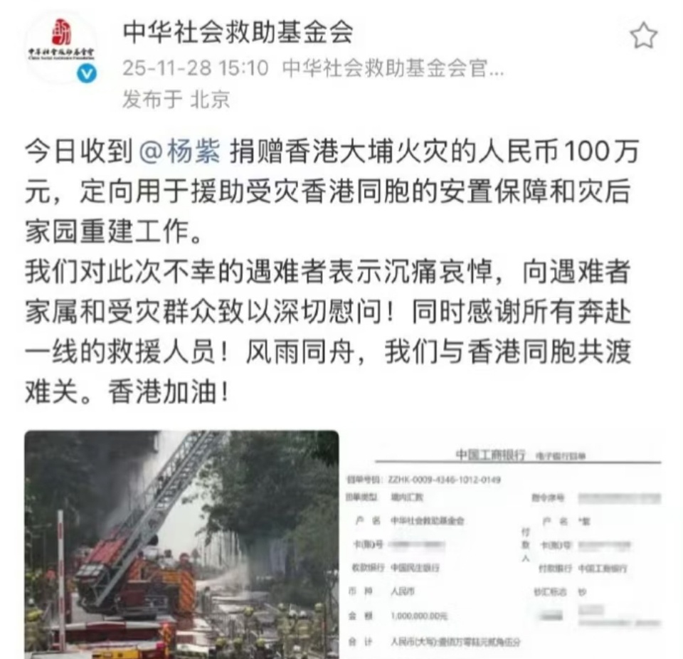 杨紫捐款100万驰援香港杨紫给香港捐款100万元 杨紫捐款100万元 驰援香港 