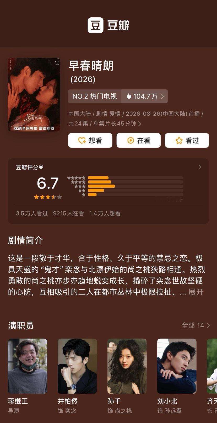 早春晴朗豆瓣开分6.7 领衔主演网络剧《早春晴朗》豆瓣开分6.7分 ，据猫眼专业