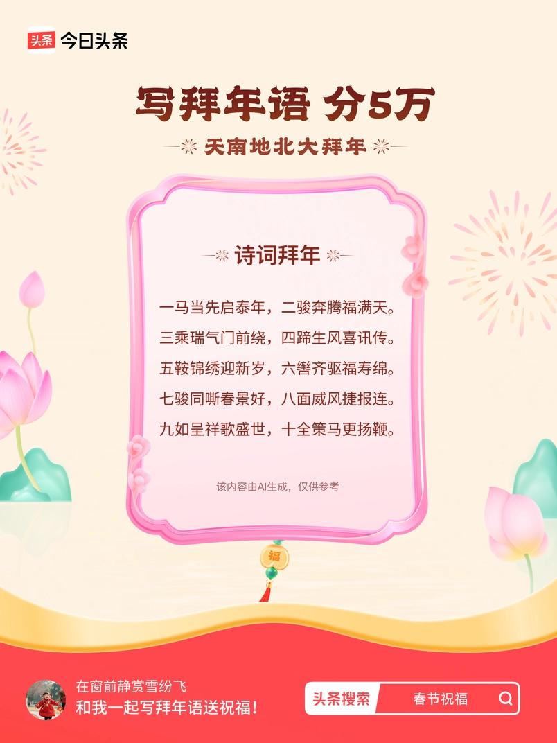 写拜年语送祝福新春拜年送祝福！我的祝福是：“一马当先启泰年，二骏奔腾福满天。三乘