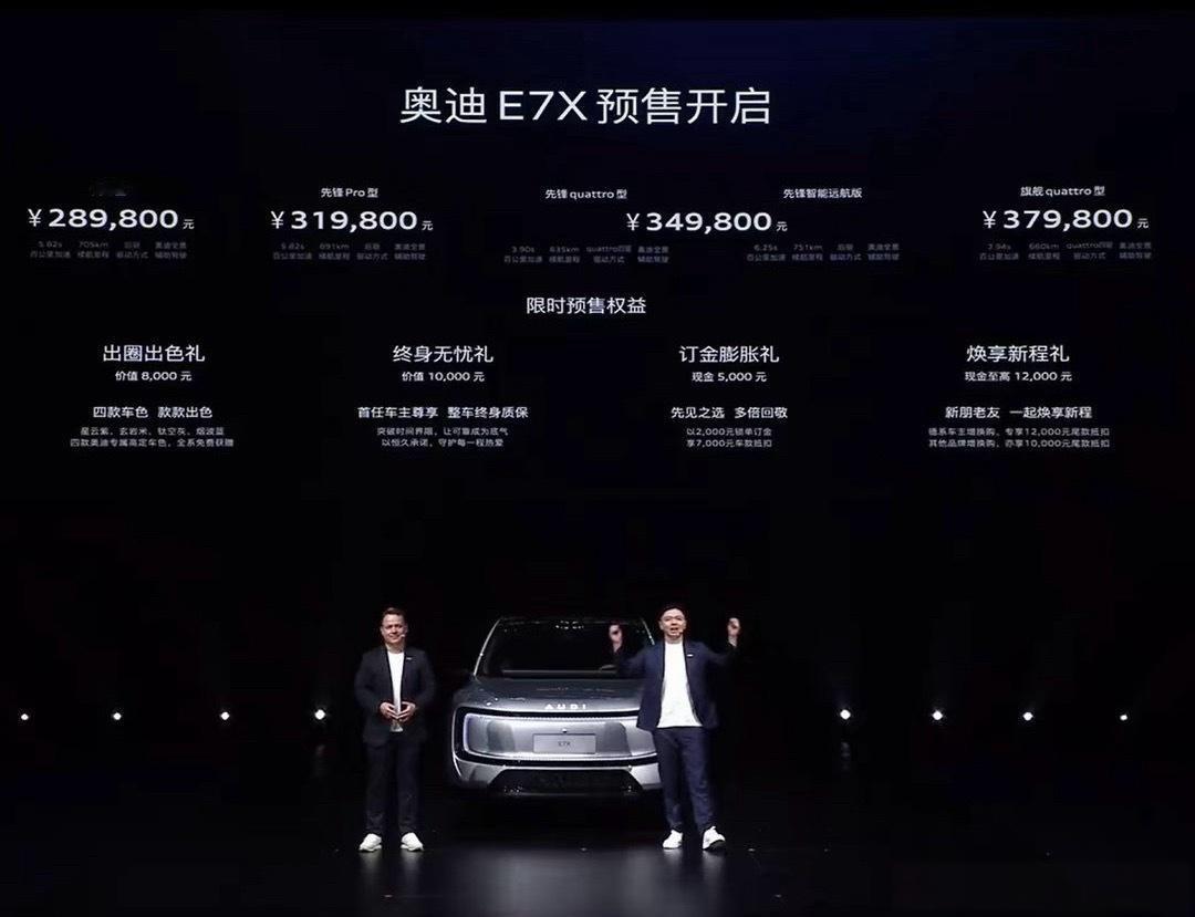 奥迪AUDI E7X今晚也开始预售了！从参数看还是很能打的，900V高压平台、1