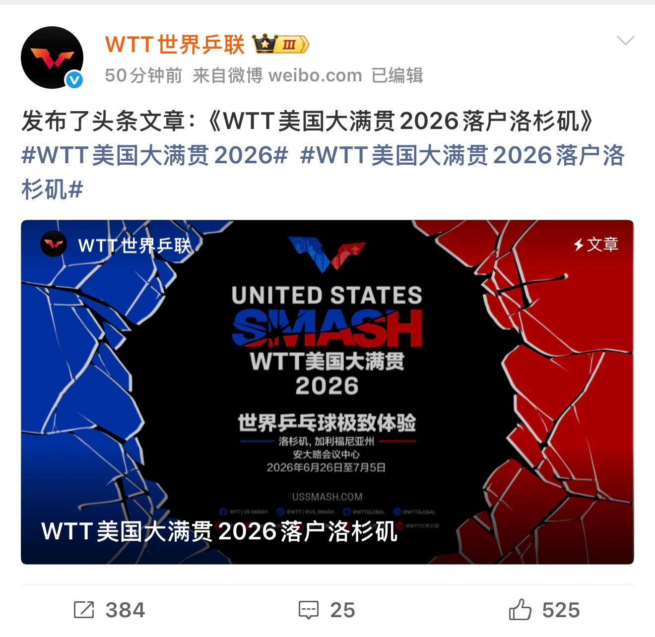 2026美国大满贯地址：洛杉矶时间：6.26-7.5（资格赛变为2天 总赛程变为