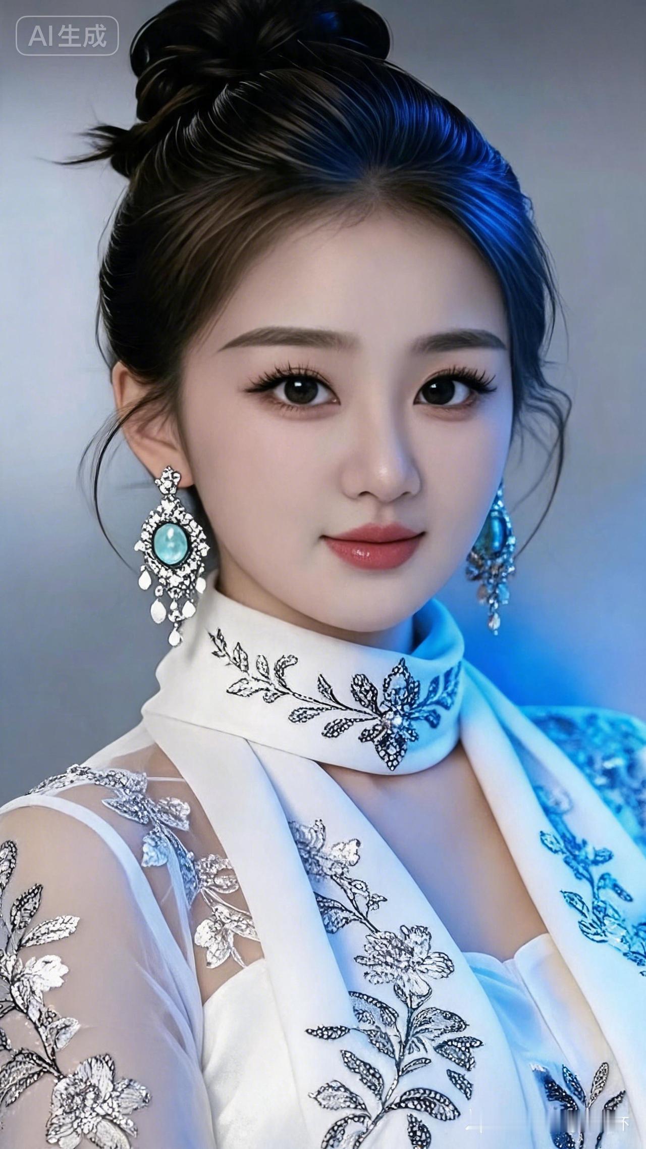梦幻蓝光下的优雅新娘，精致妆容与华丽耳饰相得益彰，尽显高贵气质。