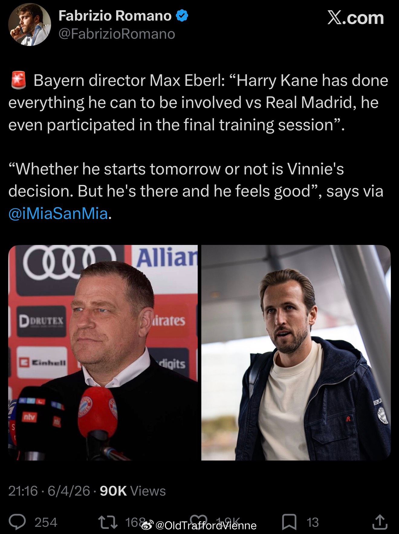 凯恩康复归队，随拜仁去伯纳乌踢皇马了 