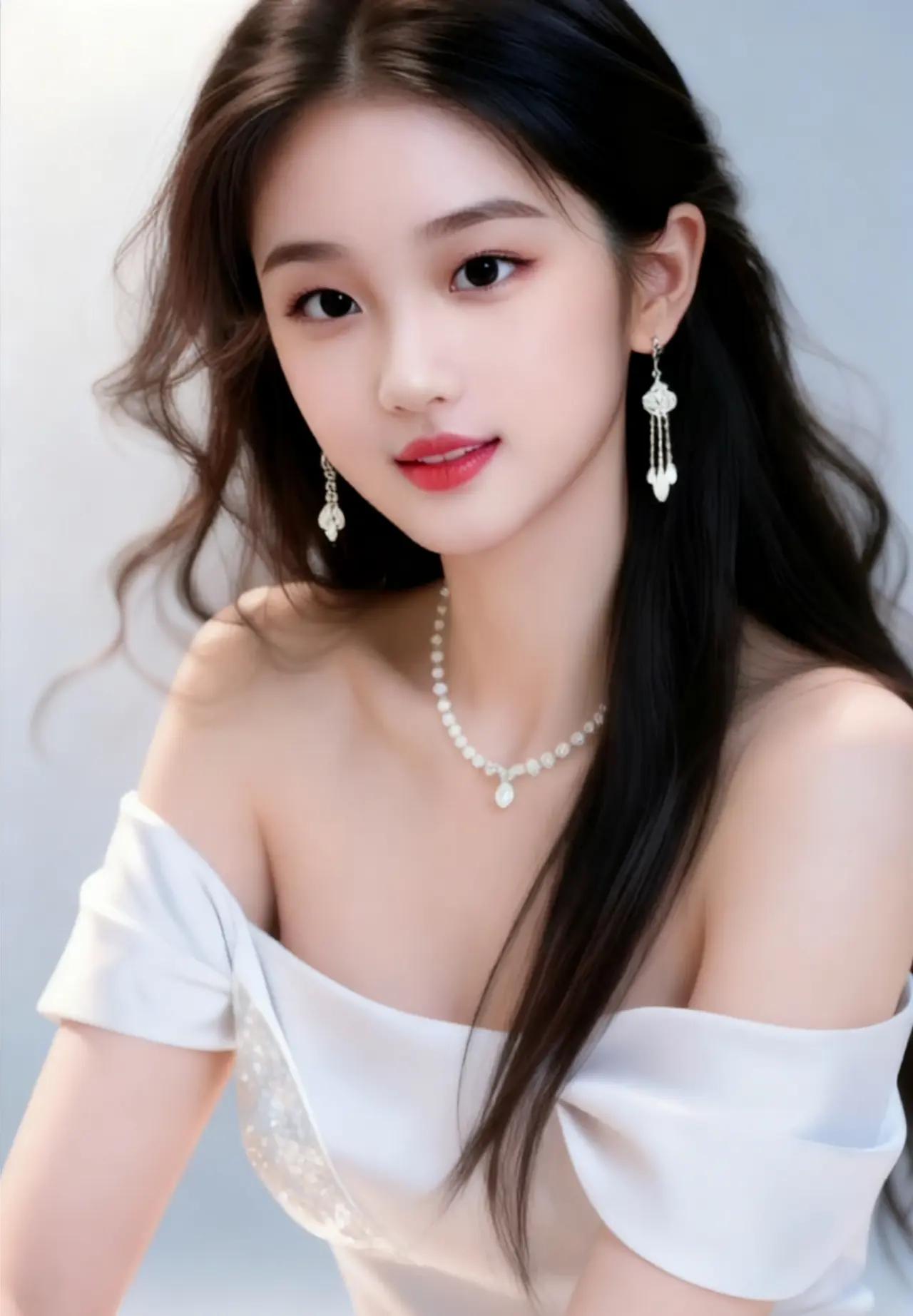 优雅白裙少女，珍珠项链与耳环点缀，甜美动人。
温柔白裙少女