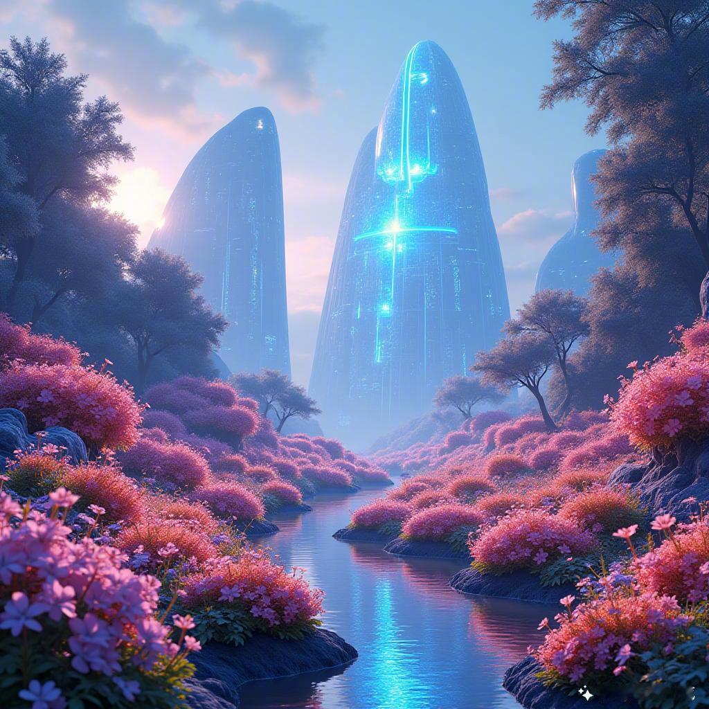未来科技的花园如梦似幻🌸✨，绚丽的色彩交织着自然与科技，温暖了心灵。让我们一起