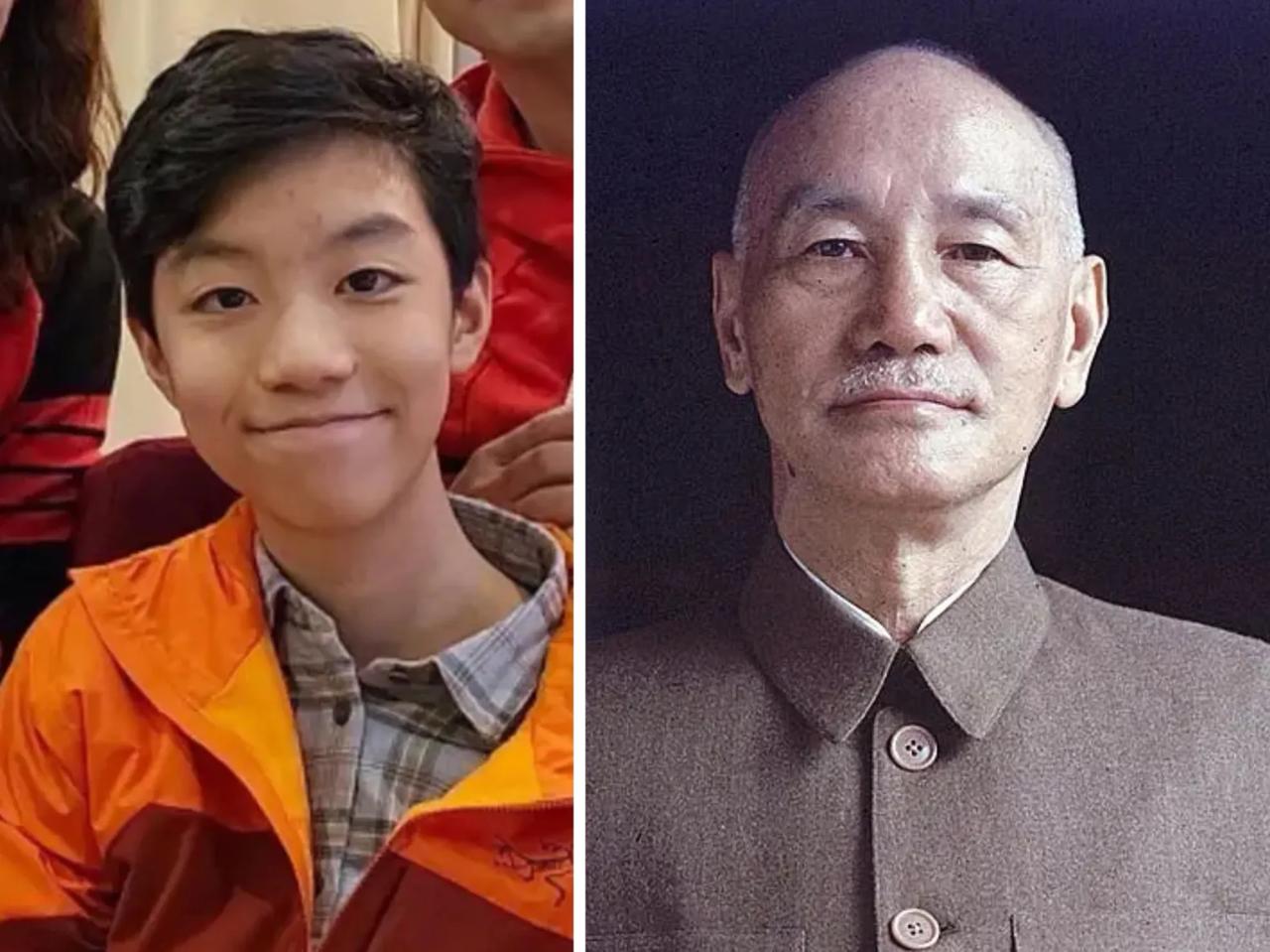 蒋介石的第五代后人与他像吗？下图为蒋介石与他的第五代孙儿蒋得元比较，蒋得元的脸型