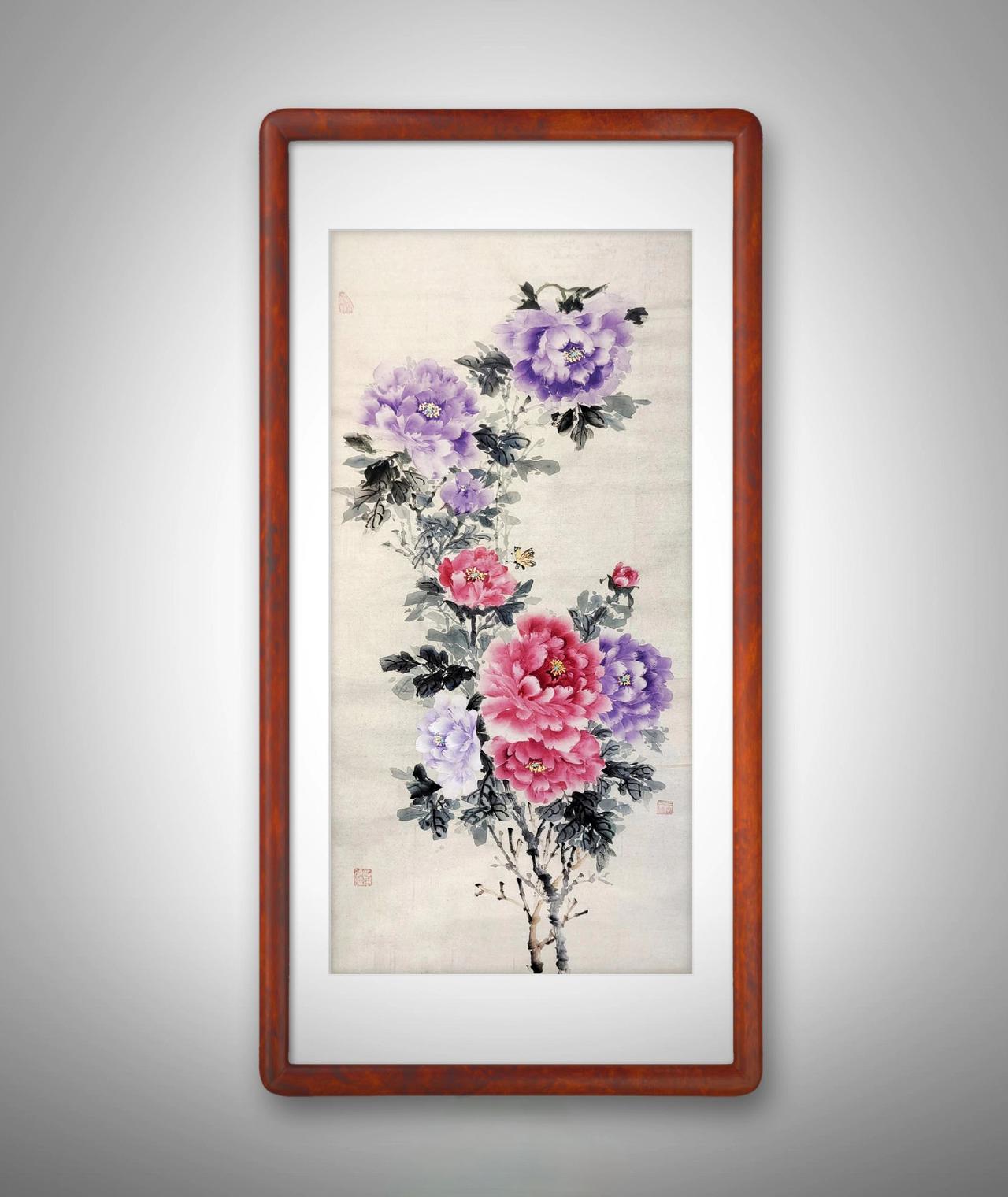 紫气东来，花开富贵。国画牡丹 国画牡丹花开富贵 牡丹作品欣赏 纯手绘国画牡丹