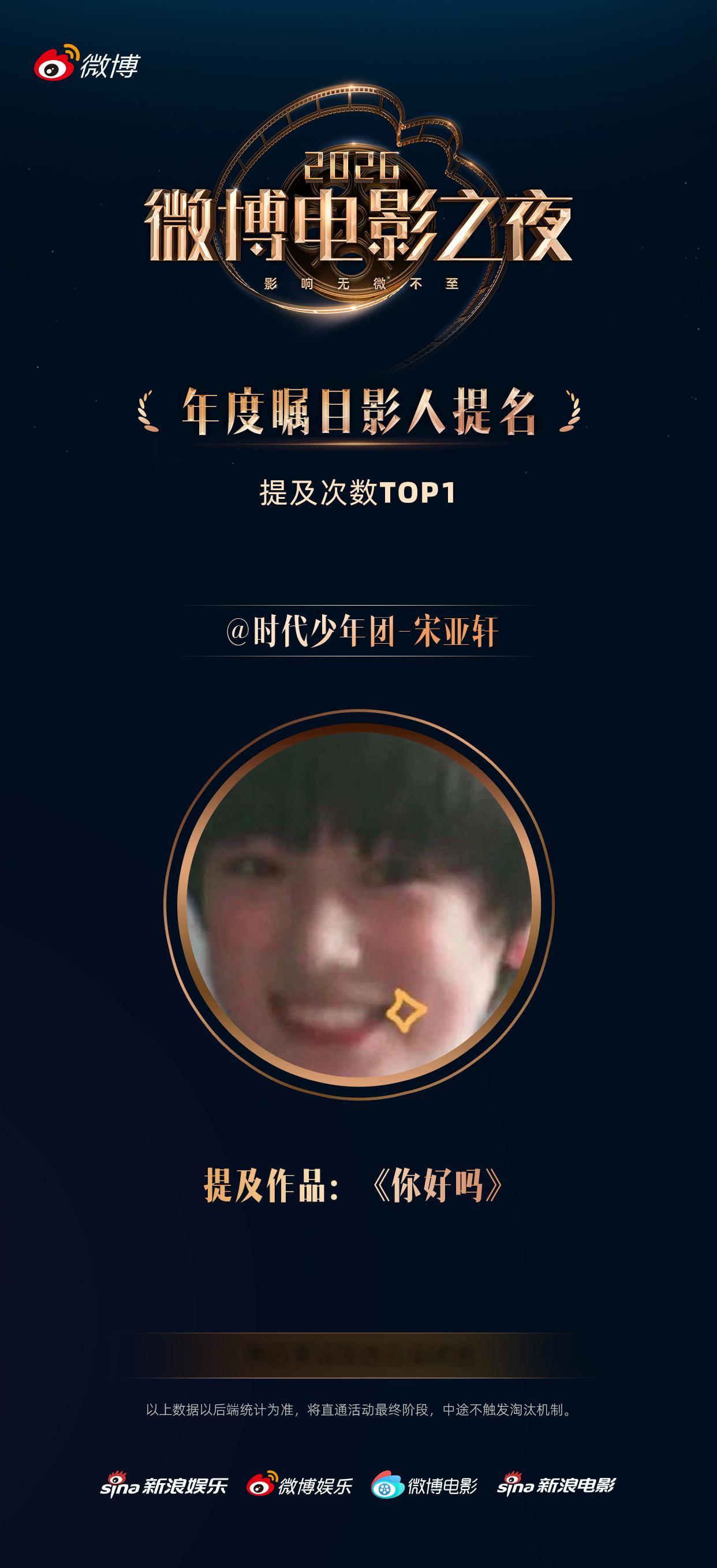 宋亚轩提及作品你好吗提及次数TOP1☝️宋亚轩瞩目影人提名次数top1