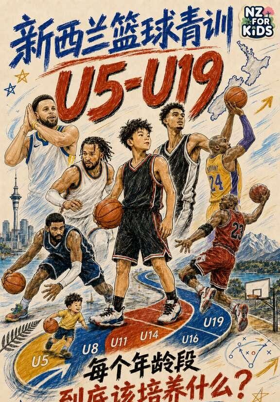 新西兰篮球🏀青训U5-U19阶段能力模型
🧠其核心思想是：每个年龄段都有不同