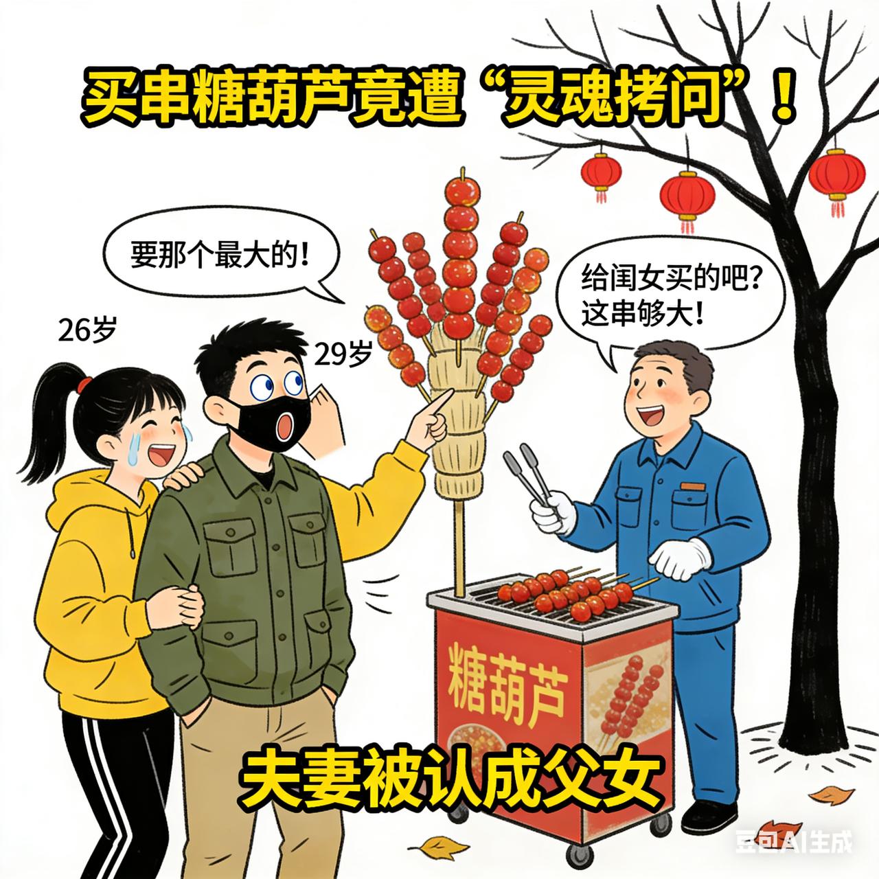 夫妻买糖葫芦被认成父女，这尴尬谁懂？
 
12月7日，有网友分享了段超逗的视频：