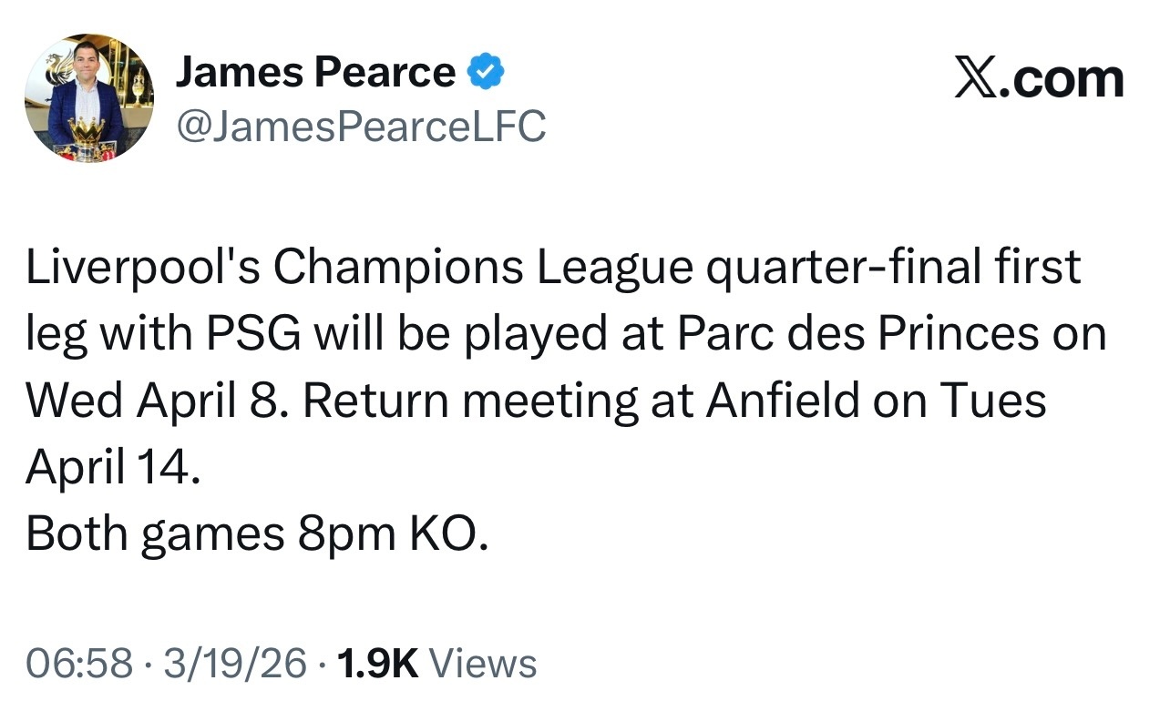 欧冠下一轮的比赛，我军会在当地时间4.8号客场对阵大巴黎，然后4.14号回到主场