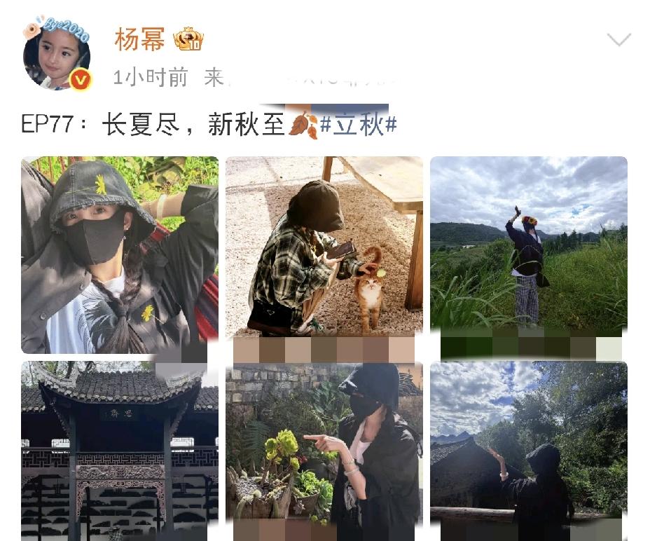 杨幂这也太悠闲了
 
8月7日下午，杨幂更新社交动态，晒出一组立秋时节的户外随拍