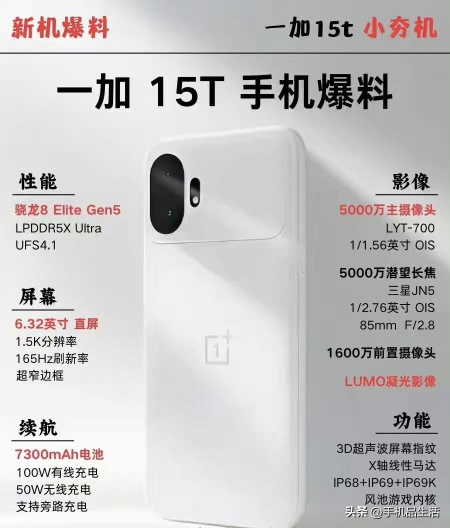 “小夯机”一加15T 手机配置爆料汇总：

该机采用6.32英寸的超窄边框直屏，