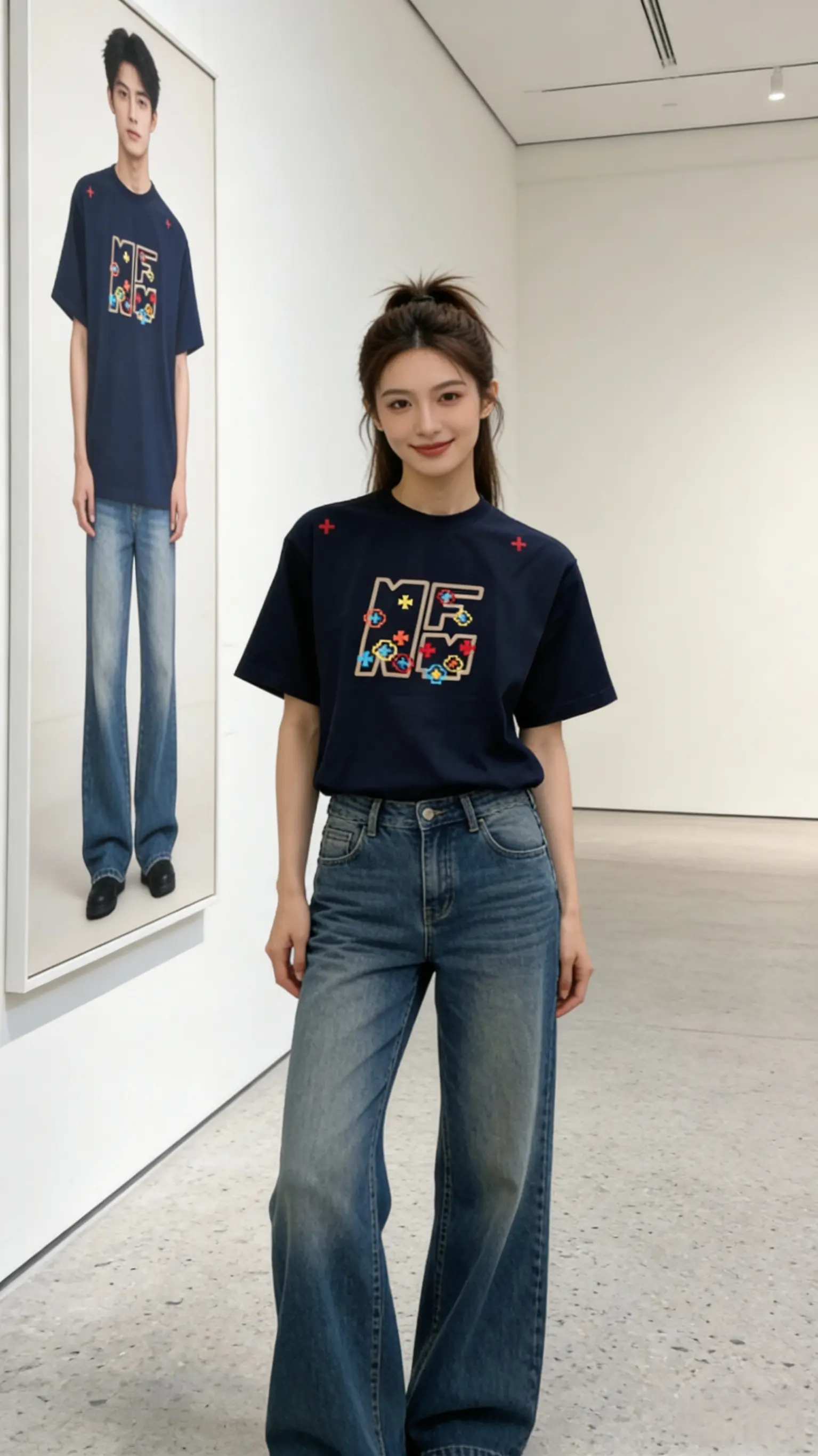 美式设计感几何像素印花短袖男春夏季百搭休闲纯棉重磅上衣T恤女