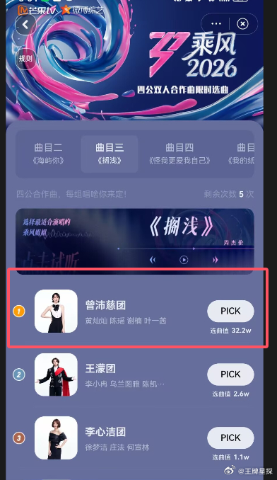 张月团选歌怪我更爱我自己张月团怪我更爱我自己第一《乘风2026》四公双人合作曲，