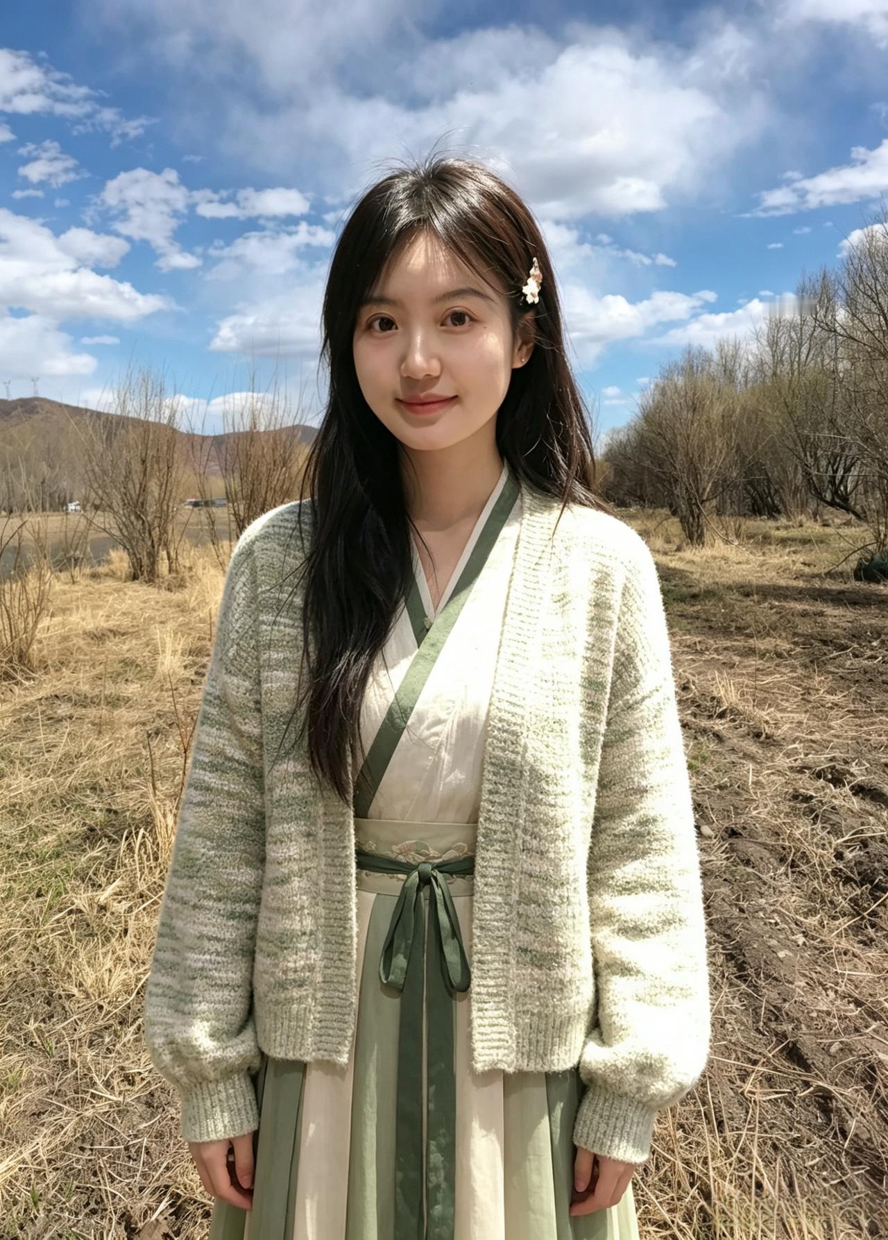 晴光摇浅草，云影漫山阿。
衣染春风色，人如柳上波。