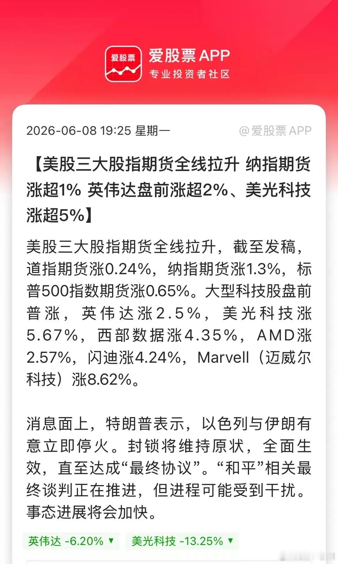 美股盘前行情暖意十足，纳斯达克指数涨幅突破1%，美光、英伟达等核心科技股更是领势