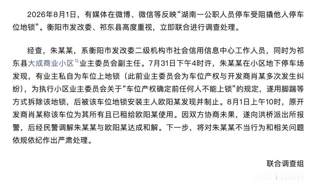 剧情反转！衡阳公职人员砸地锁官方通报来了：砸地锁并非因为找不到车位、强行占用车位