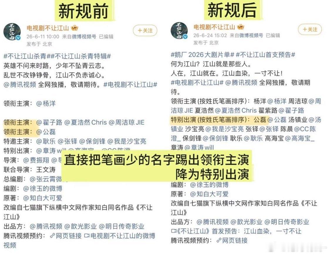 番位乱象 越改越乱越改越乱！娱乐圈新规按笔画排番位，观众已经连谁是主演都分不清。