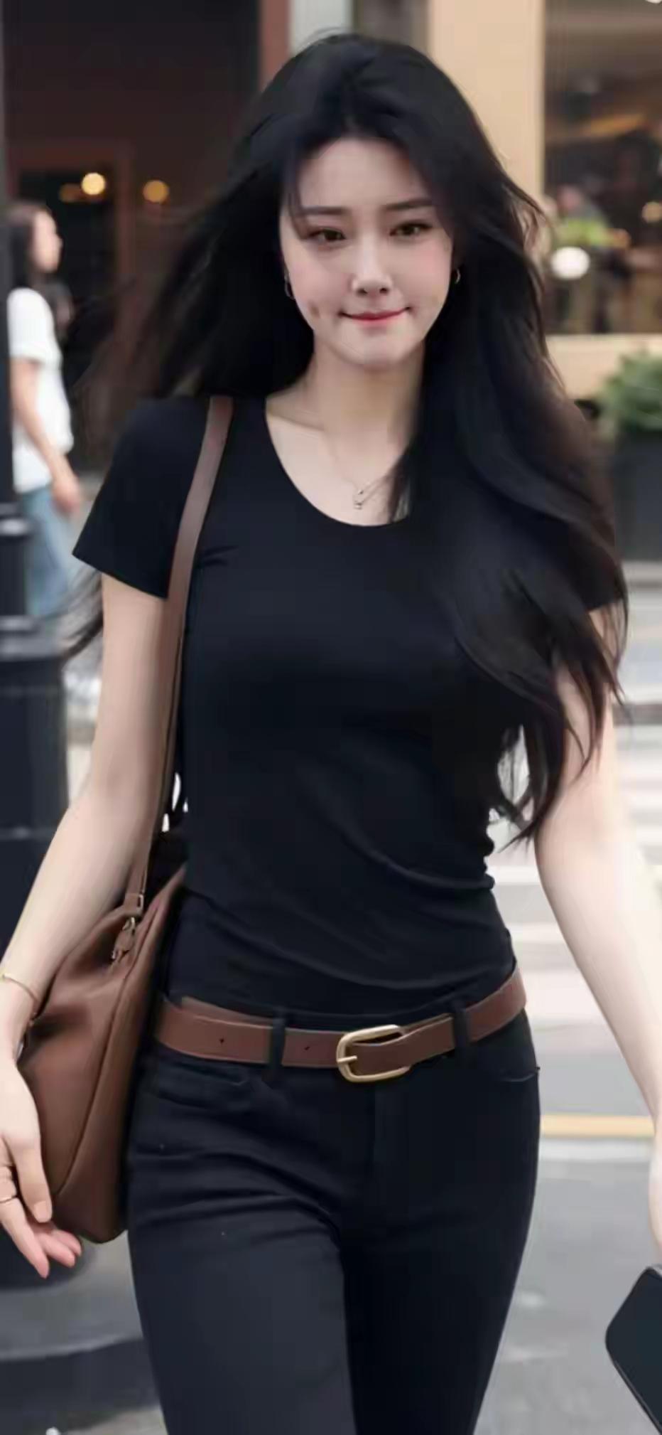 都市时尚少女，黑色简约穿搭，自信步伐！👗👠💃