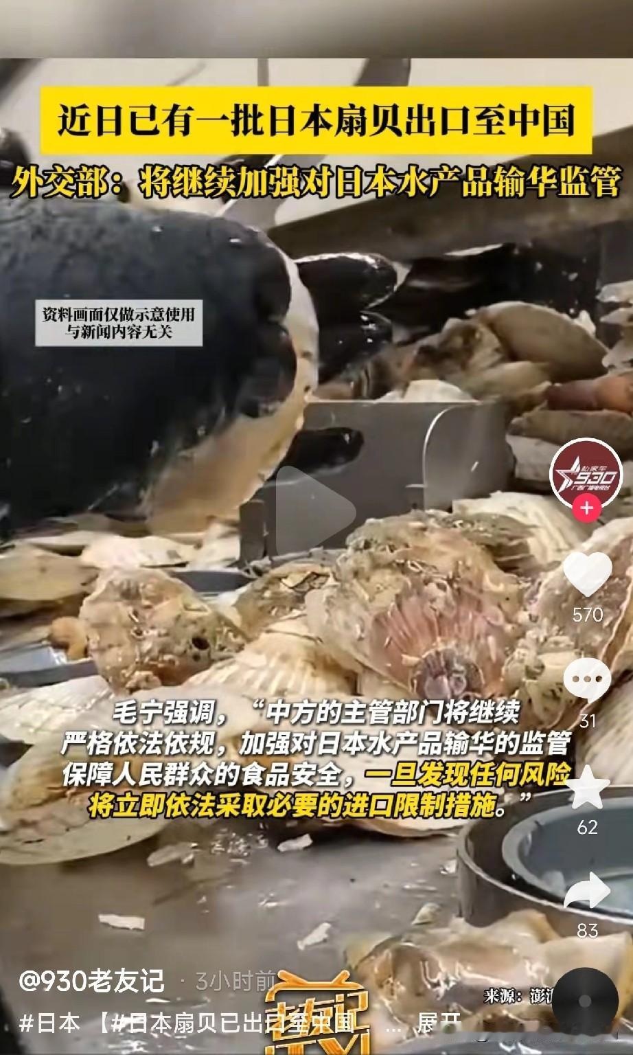 买海鲜，你看产地吗？

近日已有一批日本扇贝出口至中国。

外交部发言：
将继续