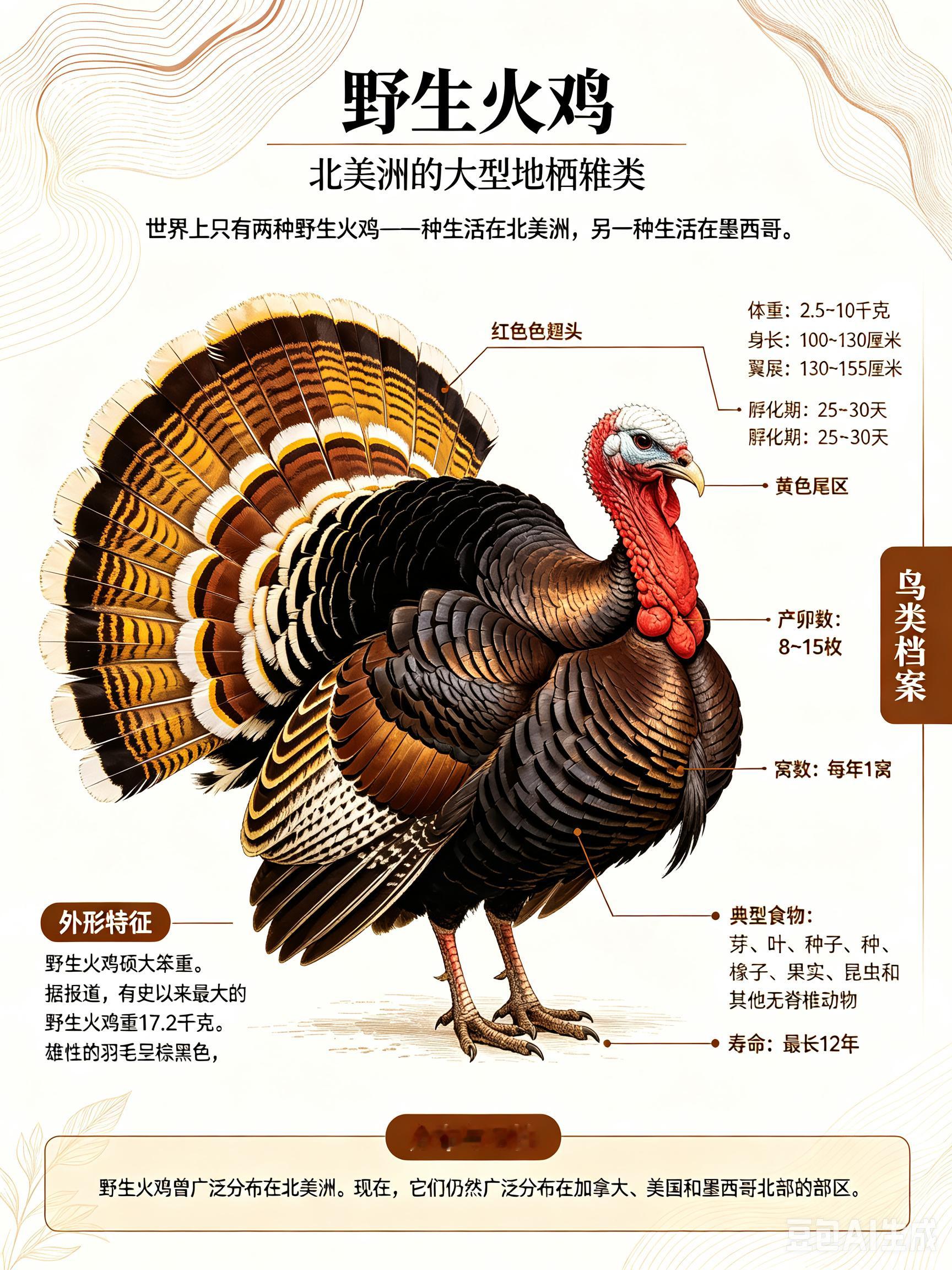 鸟类朋友图鉴 野生火鸡世界上只有两种野生火鸡—一种生活在北美洲，另一种生活在墨西
