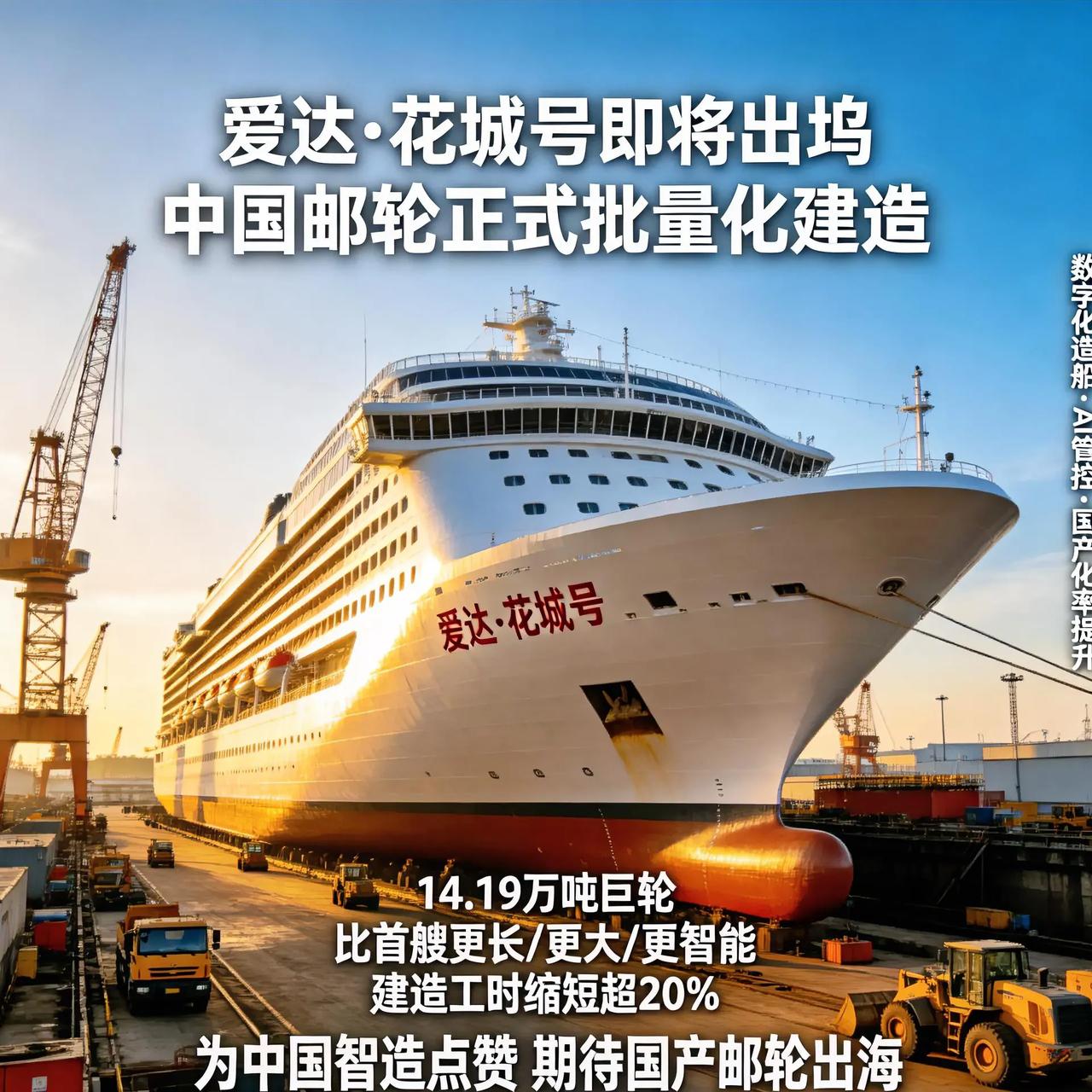 太提气！爱达花城号即将出坞，中国邮轮正式批量化建造！
 
重磅！爱达·花城号国产