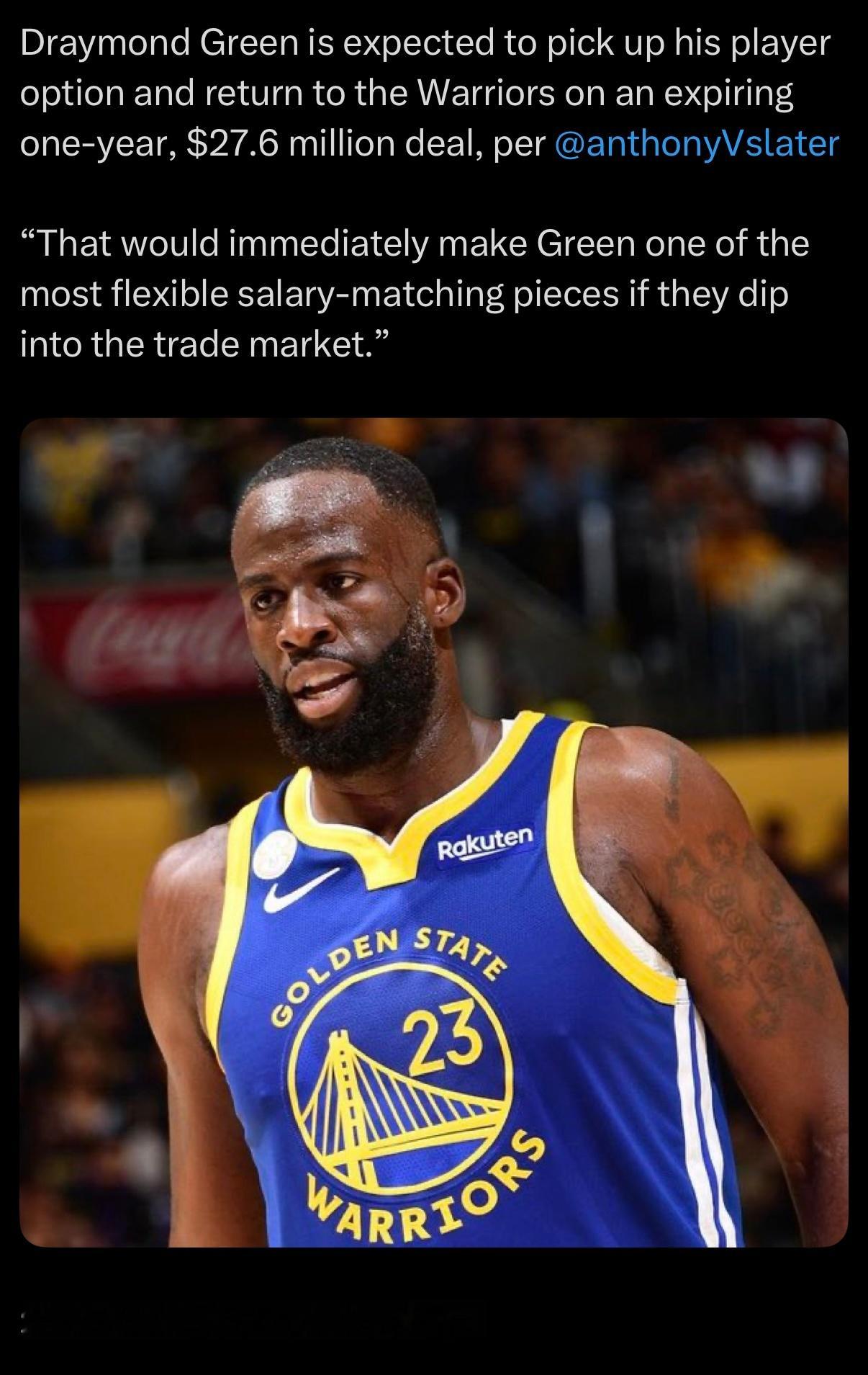 Anthony Slater：追梦格林预计将会执行下赛季价值2760万美元的球员