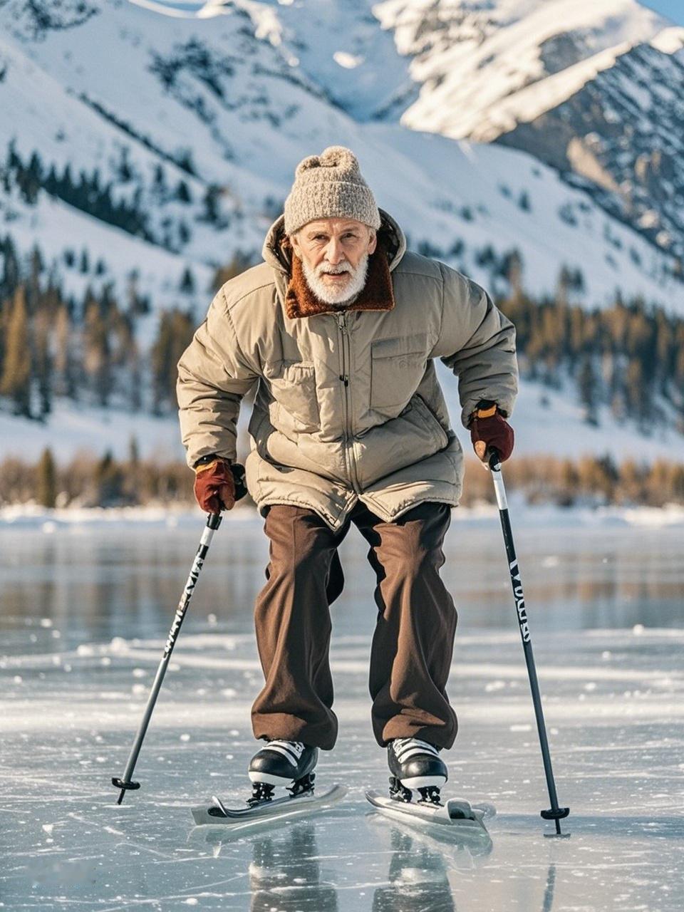AI妙生图七十老人冰上滑。