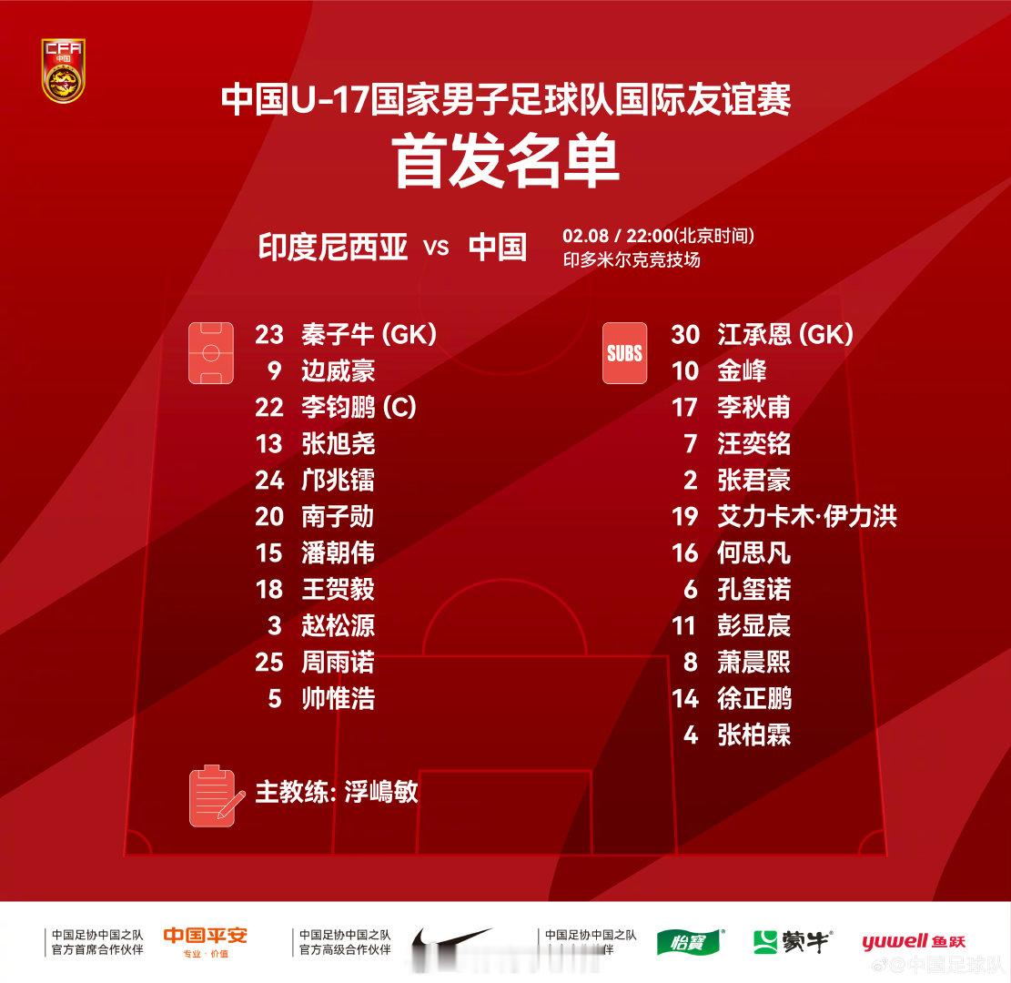 中国U-17国家男子足球队国际友谊赛，印度尼西亚队VS中国队。中国队首发阵容出炉