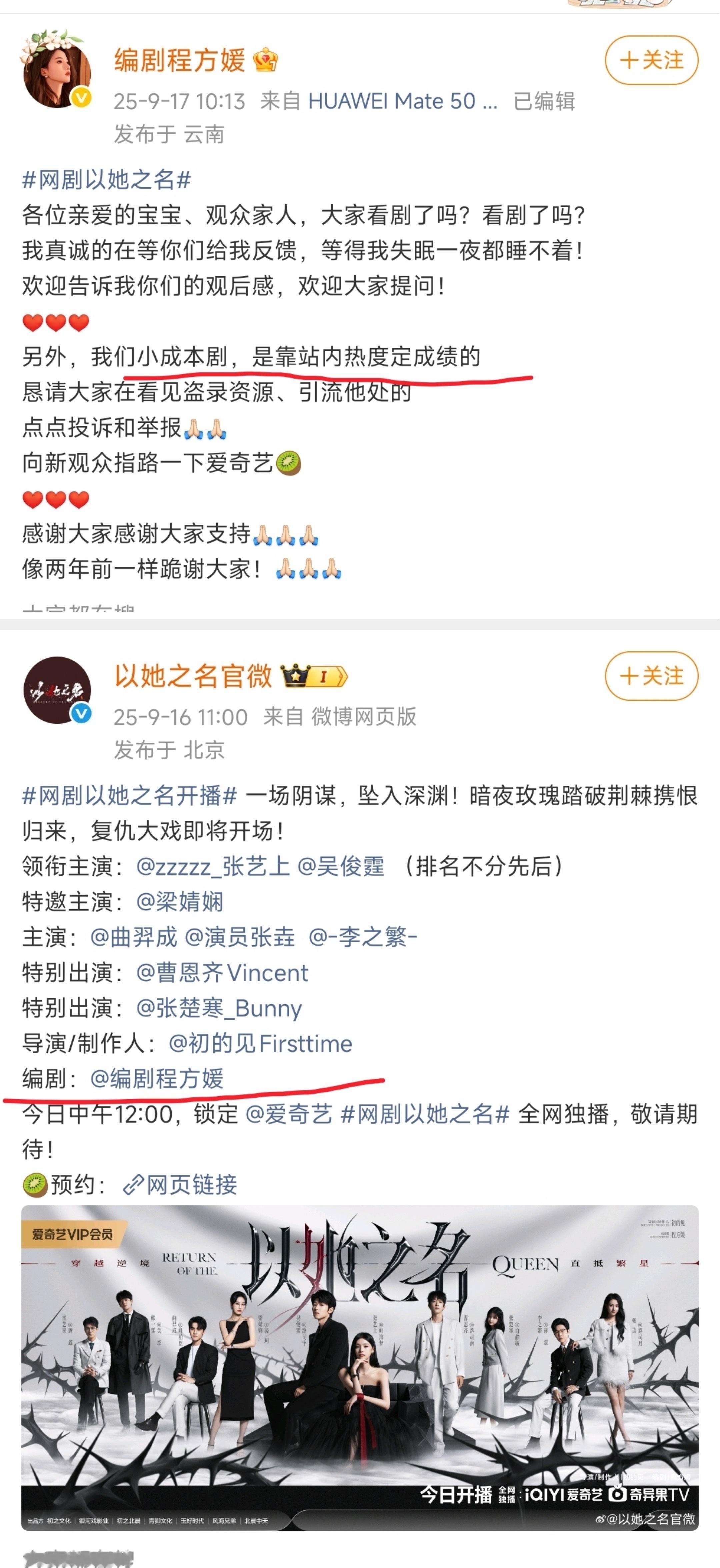 《以她之名》的编剧程方媛说，她们小成本剧是靠爱奇艺站内热度定成绩的。这个编剧两年