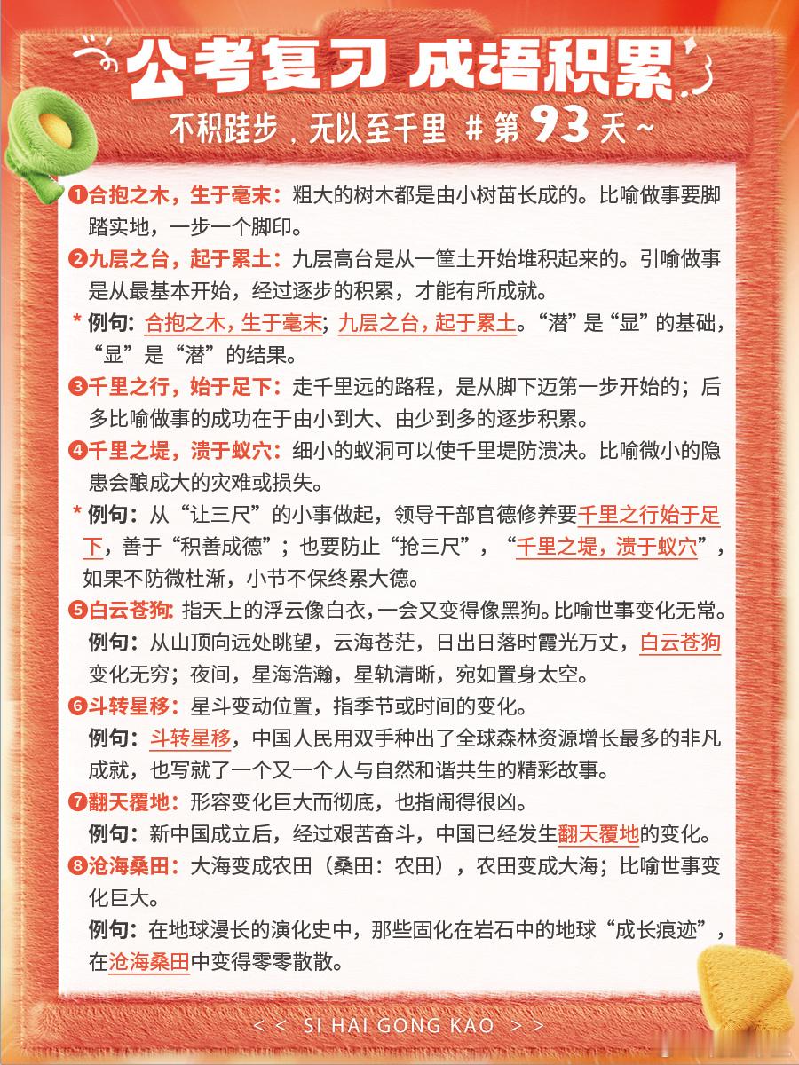 成语积累第九十三天合抱之木，生于毫末  九层之台，起于累土千里之行，始于足下  
