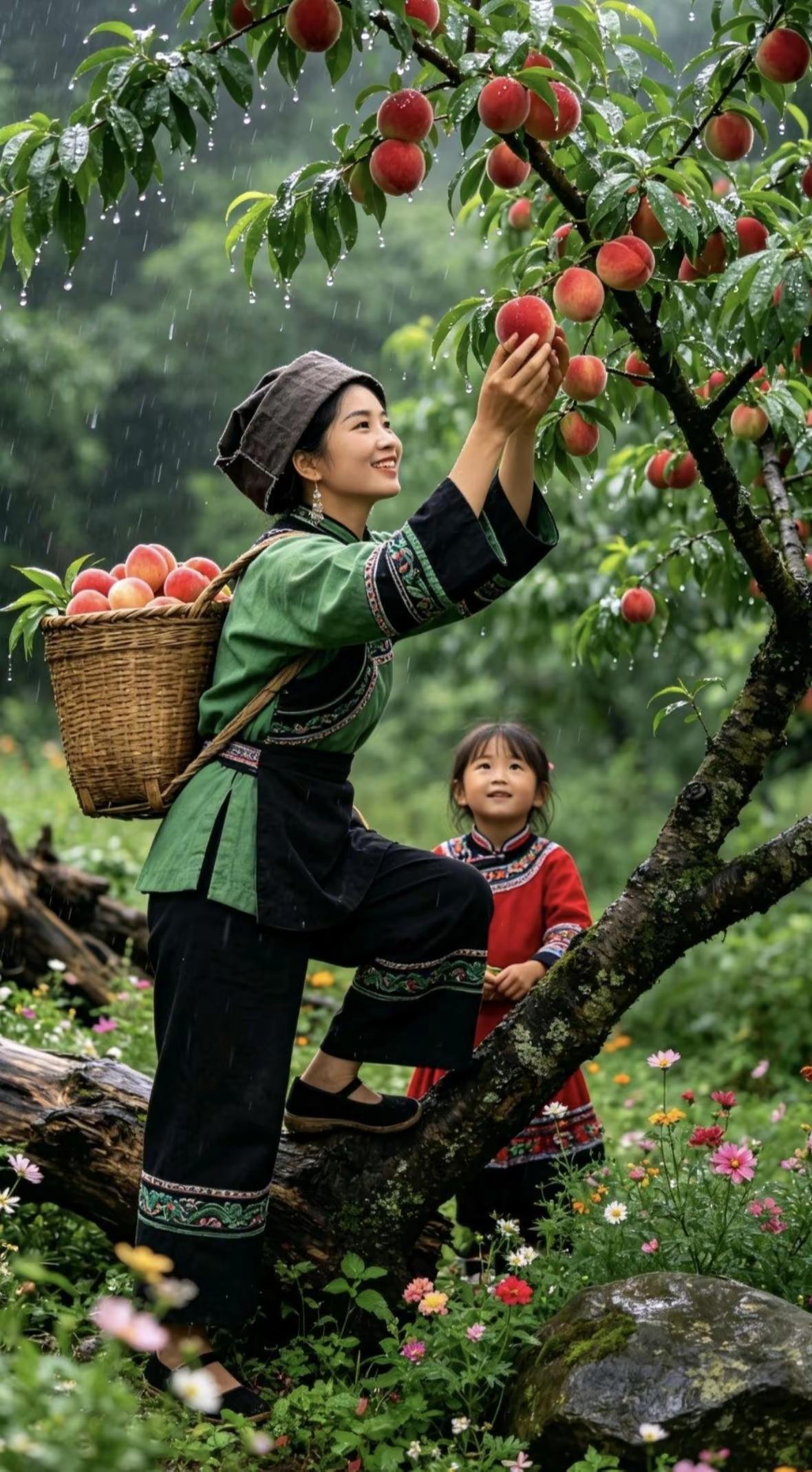 捣练子·园摘鲜桃
收碧果，小娃瞧，
心知桃实可换钞。
盼得零食添玩具，
满心欢喜