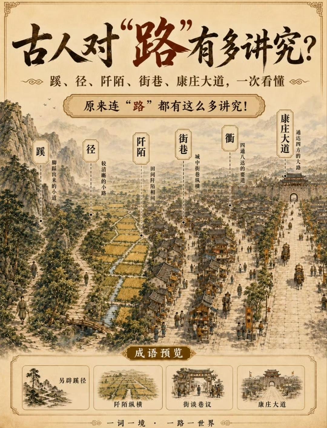 古人给道路划分的讲究，直接刷新认知！
我们常说的蹊、径、阡陌、街巷、康庄大道，大