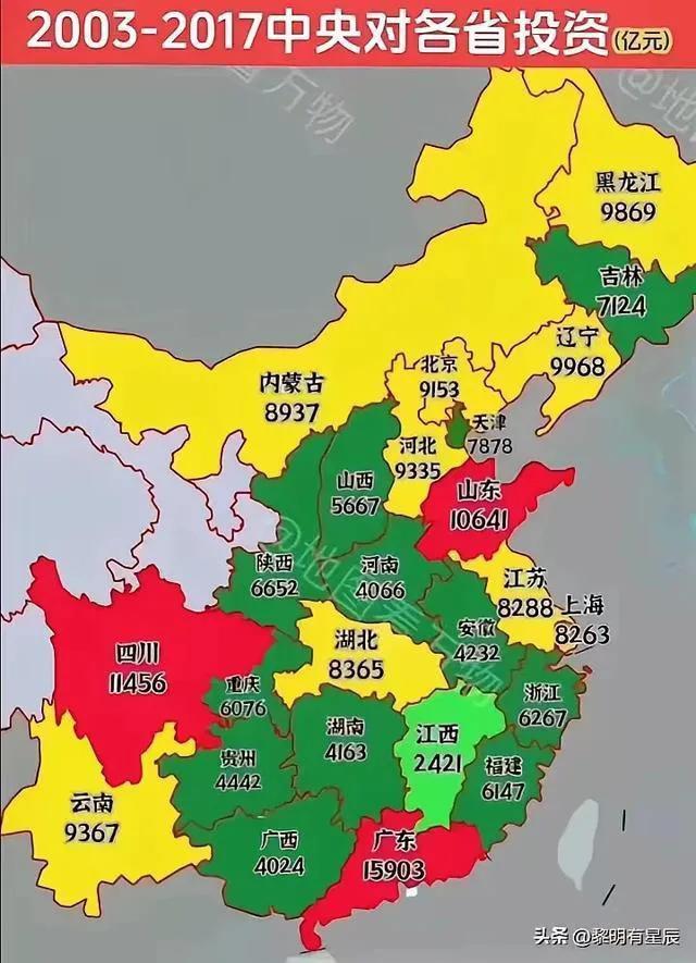 全国各个省份2003~2017年一共15年所获得的中央投资，哪些省份和地区所得到