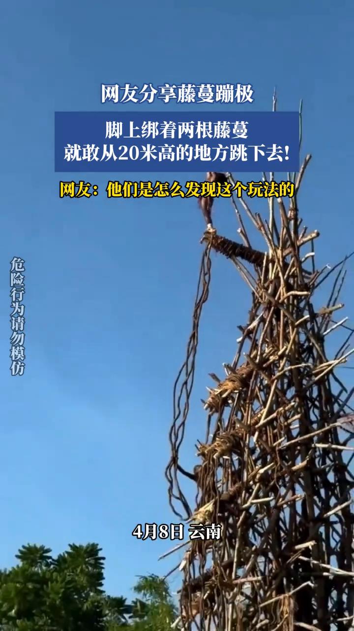 网友分享藤蔓蹦极，脚上绑着两根藤蔓就敢从20米高的地方跳下去。
网友：他们是怎么