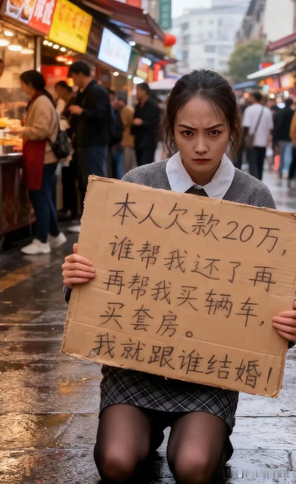提出这样的条件的女子你会娶吗？一女子在大街上举个牌子说只要有人帮她还了20万的欠