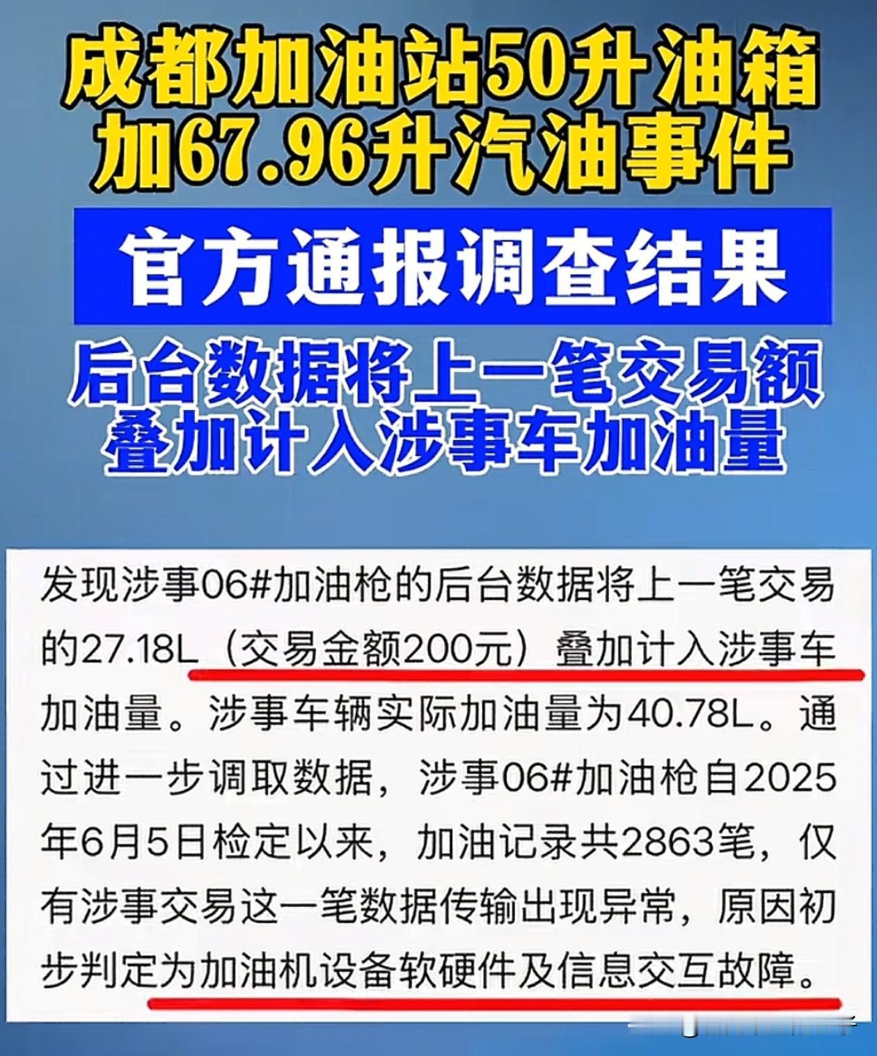 50升油箱加67.96升汽油官方通报来了！

怀疑过是员工操作失误没有清零，也想